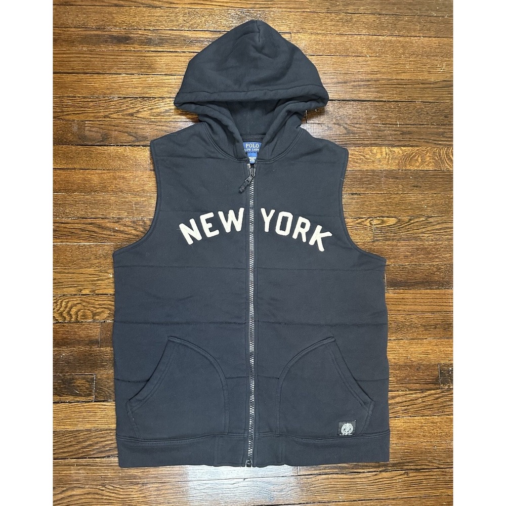 Polo Ralph Lauren Hooded Vest Men's Medium Black New York Quilted Padded *Read